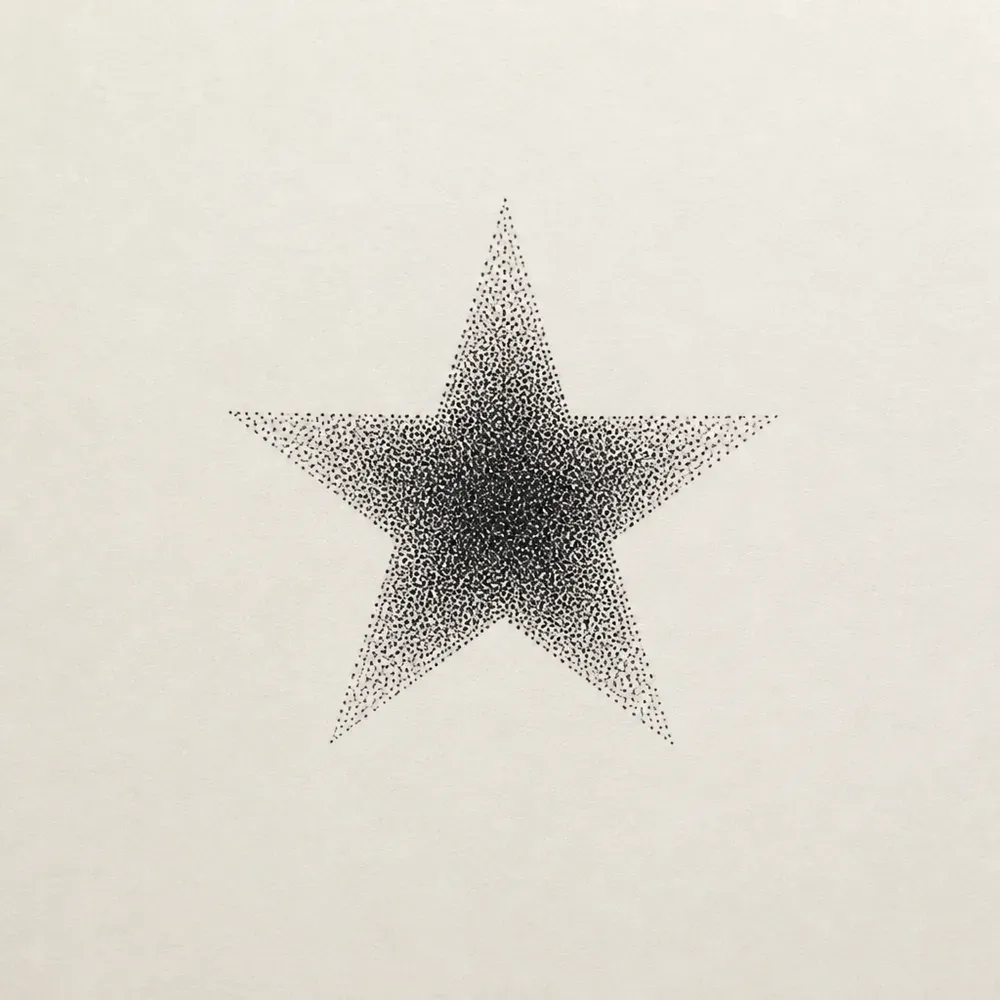 A five-pointed star made entirely of stippled dots, dense and dark at the centre and thinning out to sparse dots toward each point.
