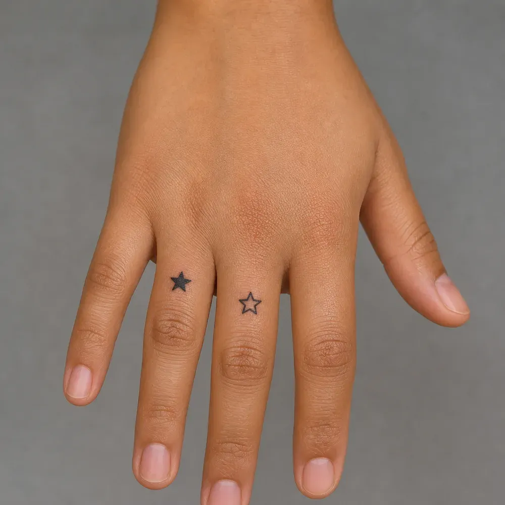Two tiny stars, one solid and one open, tattooed on the backs of two fingers of a hand with medium brown skin.