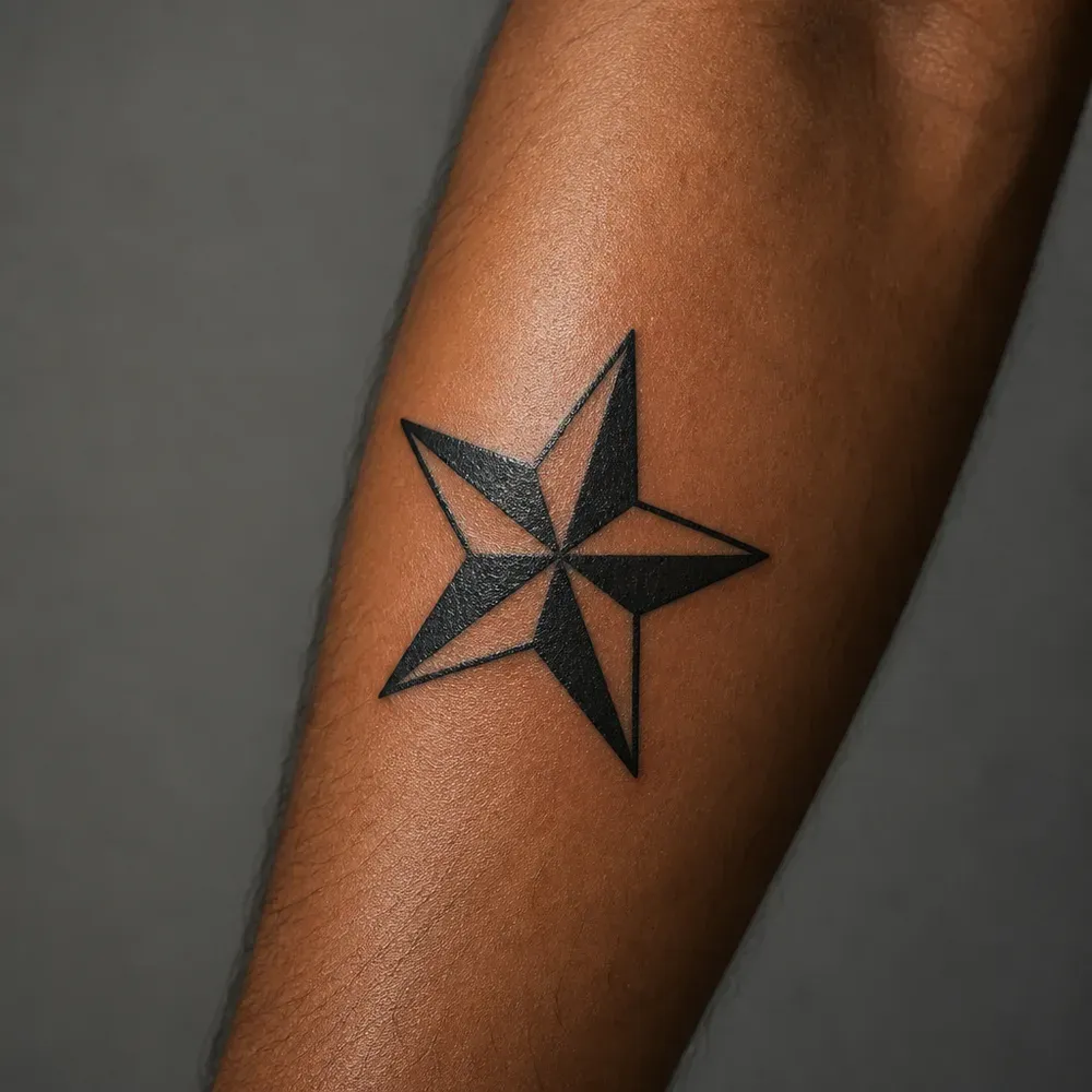 A bold nautical star with solid black and open halves on each point, tattooed on the outer forearm of warm brown skin.