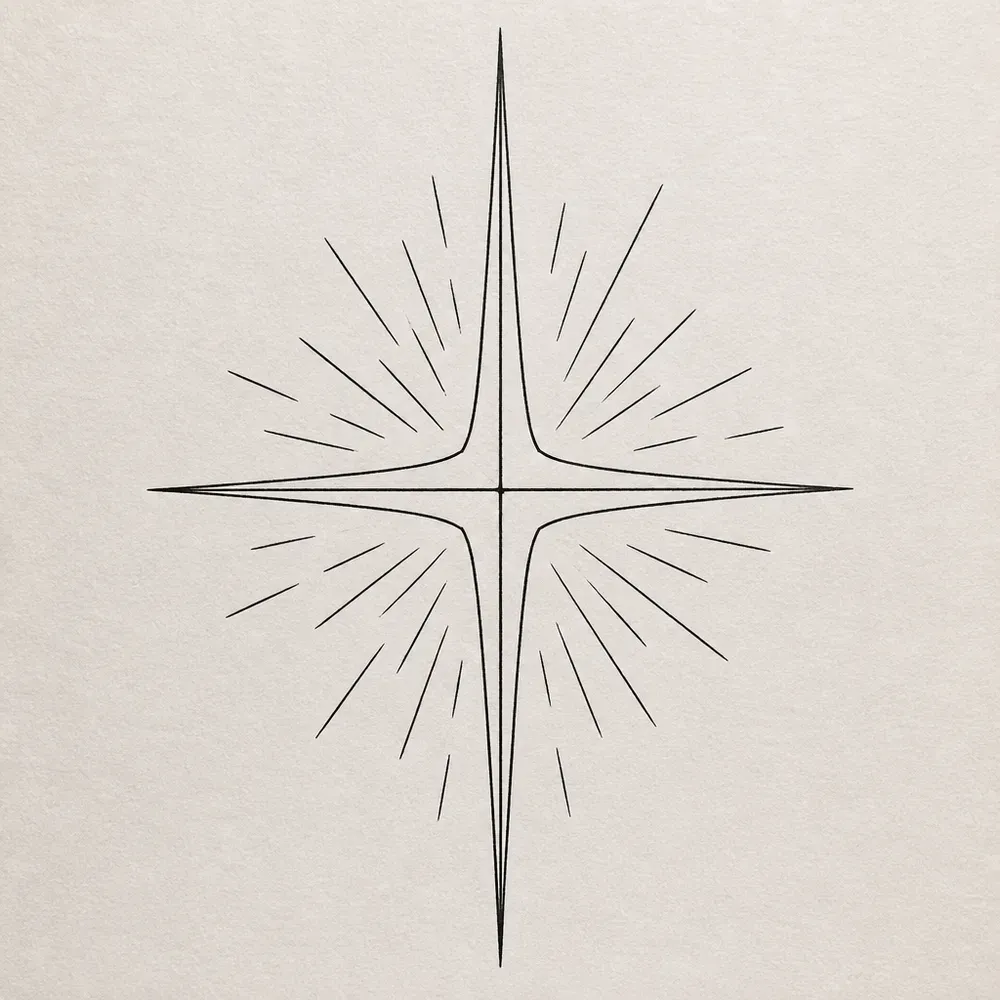 A four-pointed north star with long thin points, the vertical ones longest, surrounded by fine radiating lines of uneven length.