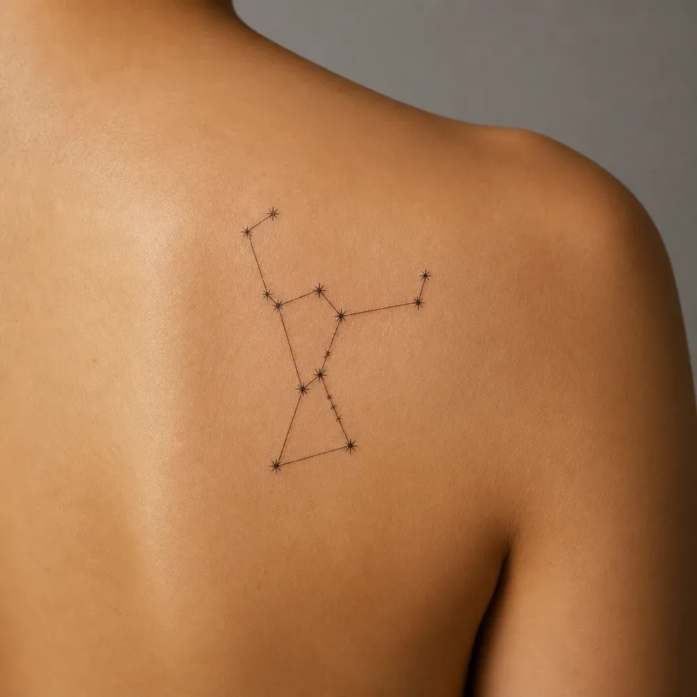 The Orion constellation in small stars joined by thin lines, tattooed over the shoulder blade on light warm tan skin, seen from behind.