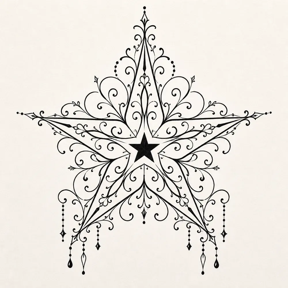 A five-pointed star outlined in filigree scrolls and curls, a small solid star at its centre and beaded drops hanging from its lower points.
