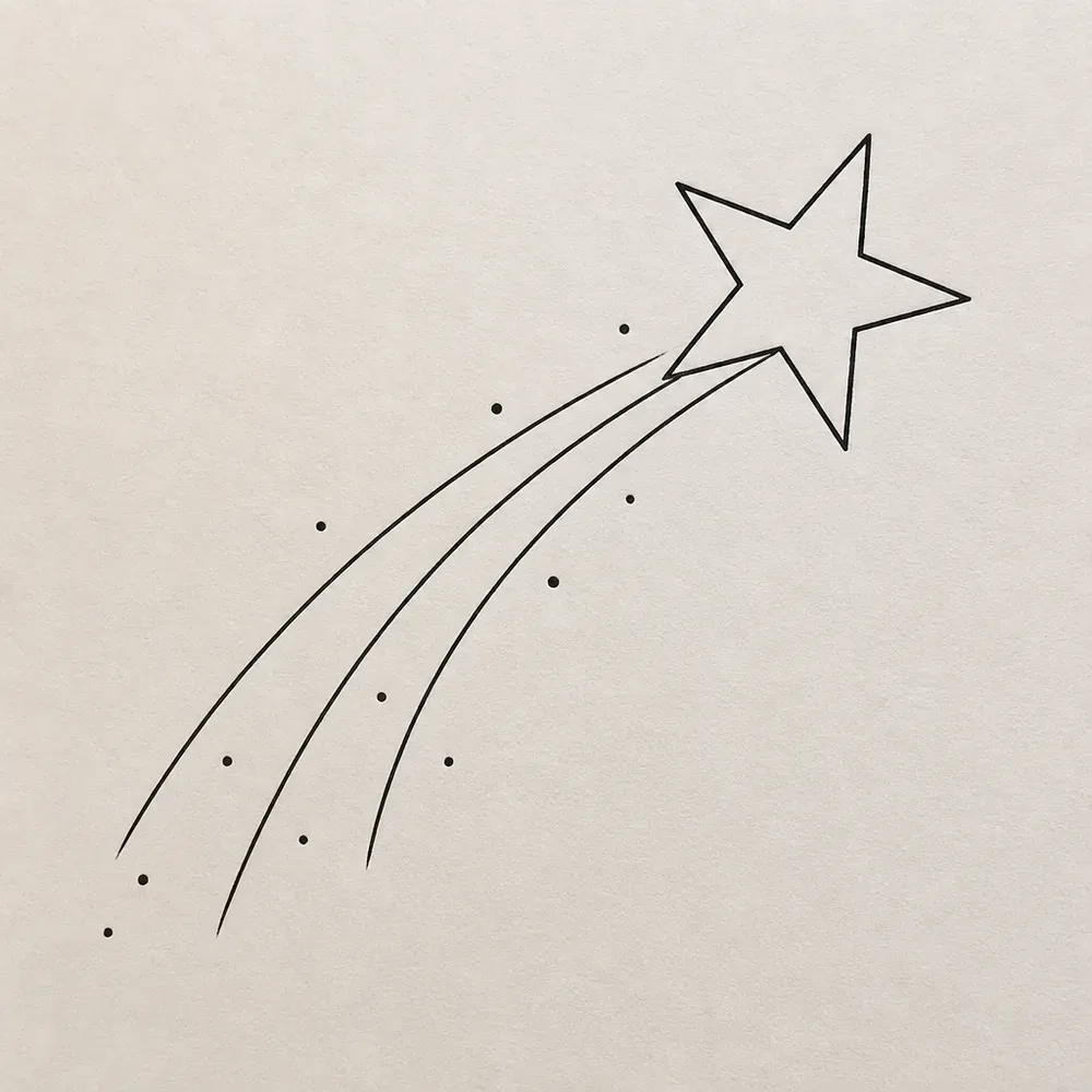 An open five-pointed star at the top right trailing three long curved lines down to the lower left, with small dots scattered along the trail.