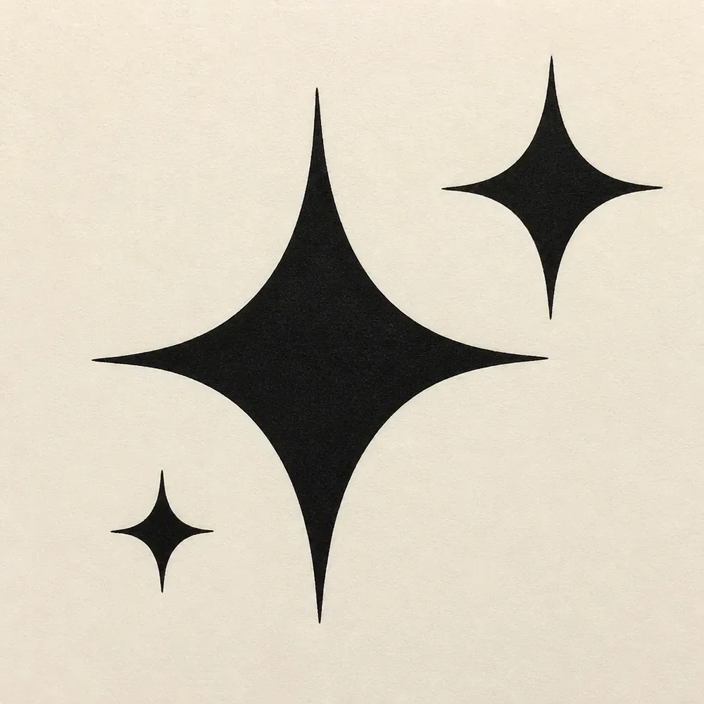 Three solid black four-pointed sparkles with curved concave sides, one large, one medium at the upper right and one small at the lower left.