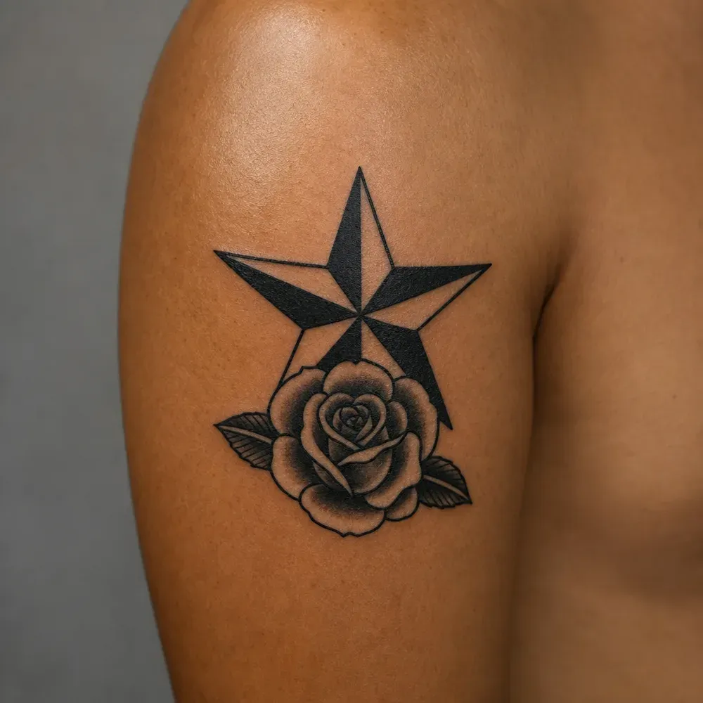 A nautical star above a shaded black rose with two leaves, tattooed on the back of the upper arm on warm brown skin.