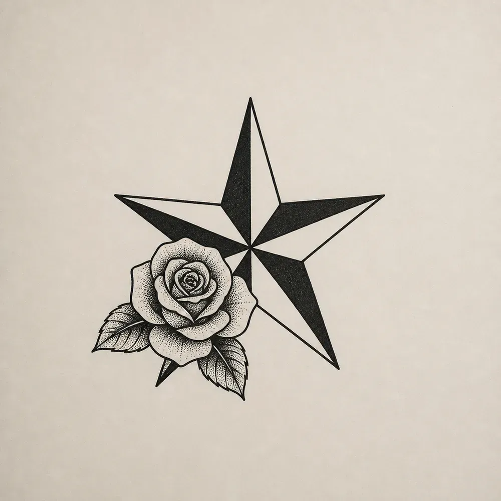 A nautical star with solid black and open halves on each point, a stippled rose with two leaves overlapping its lower left points.