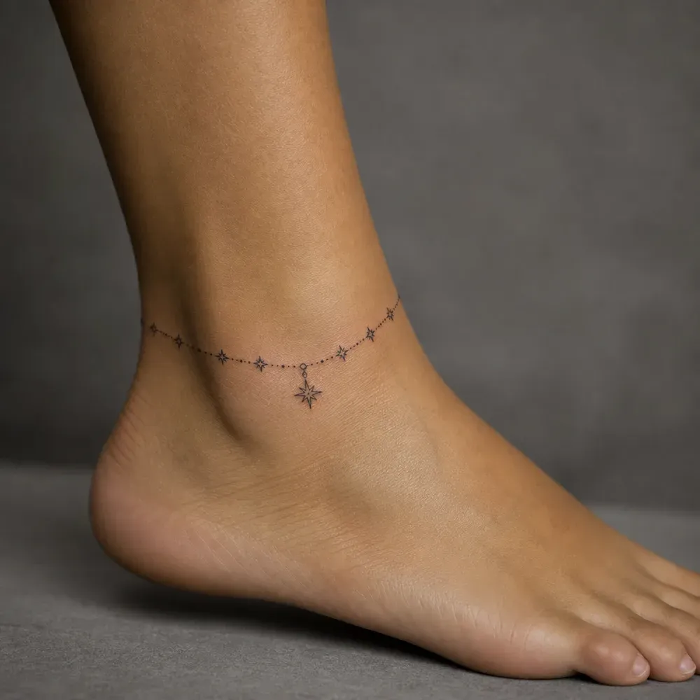 A chain of tiny four-pointed stars linked by dots around the ankle, a larger star hanging at the front, on light tan skin.