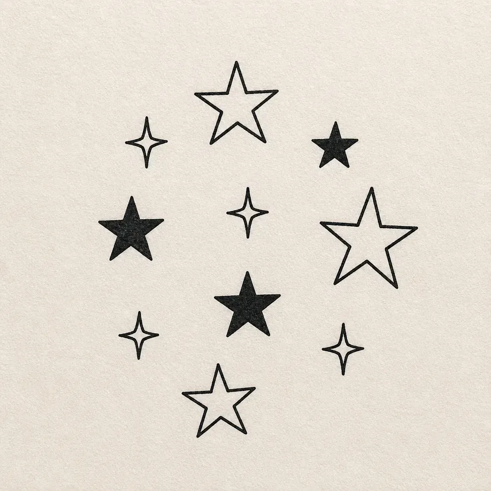 A loose ring of stars in mixed sizes: open five-pointed stars, solid black ones and small four-pointed sparkles, with one more at the centre.
