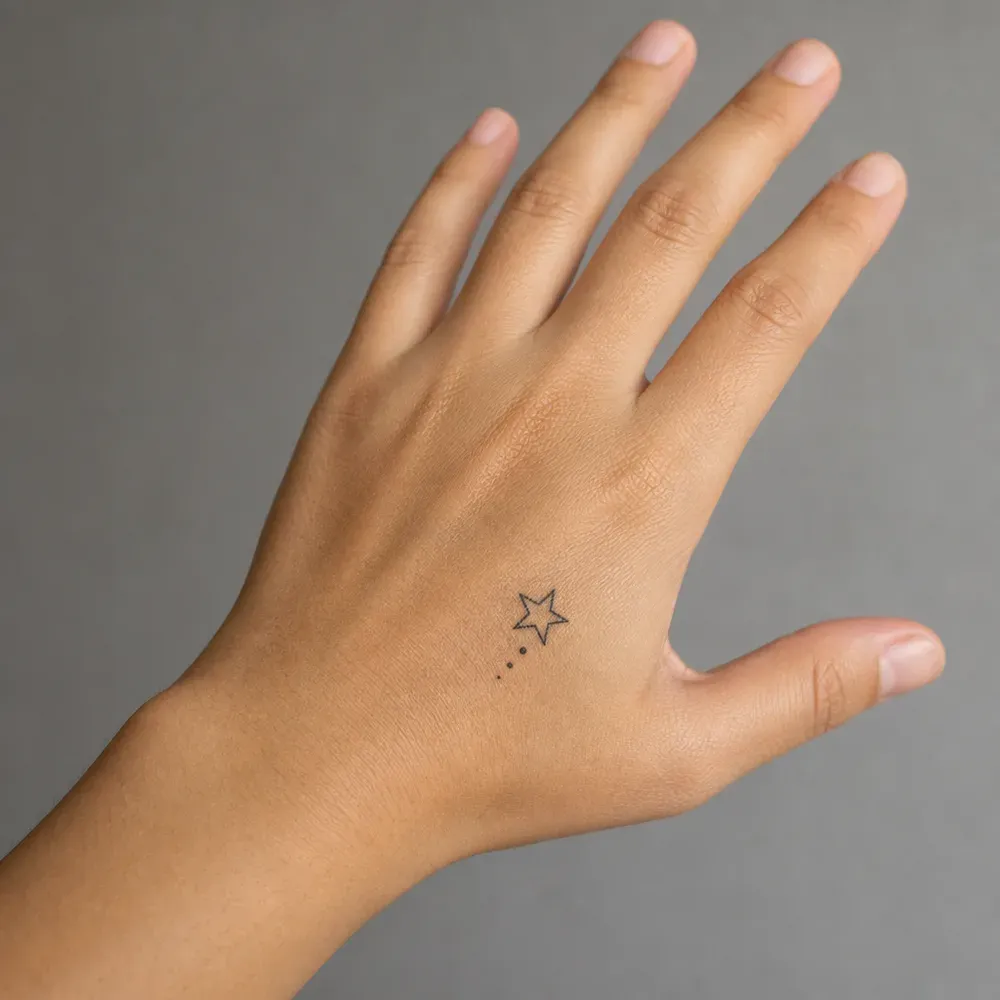 A small open five-pointed star with a trail of three dots, tattooed on the back of the hand near the thumb, on light tan skin.