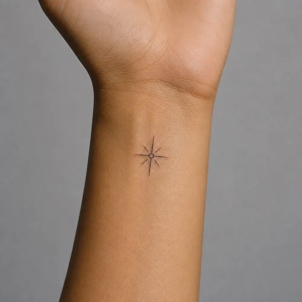 A small eight-pointed starburst with long and short points around a tiny open circle, tattooed on the inner wrist of olive tan skin.