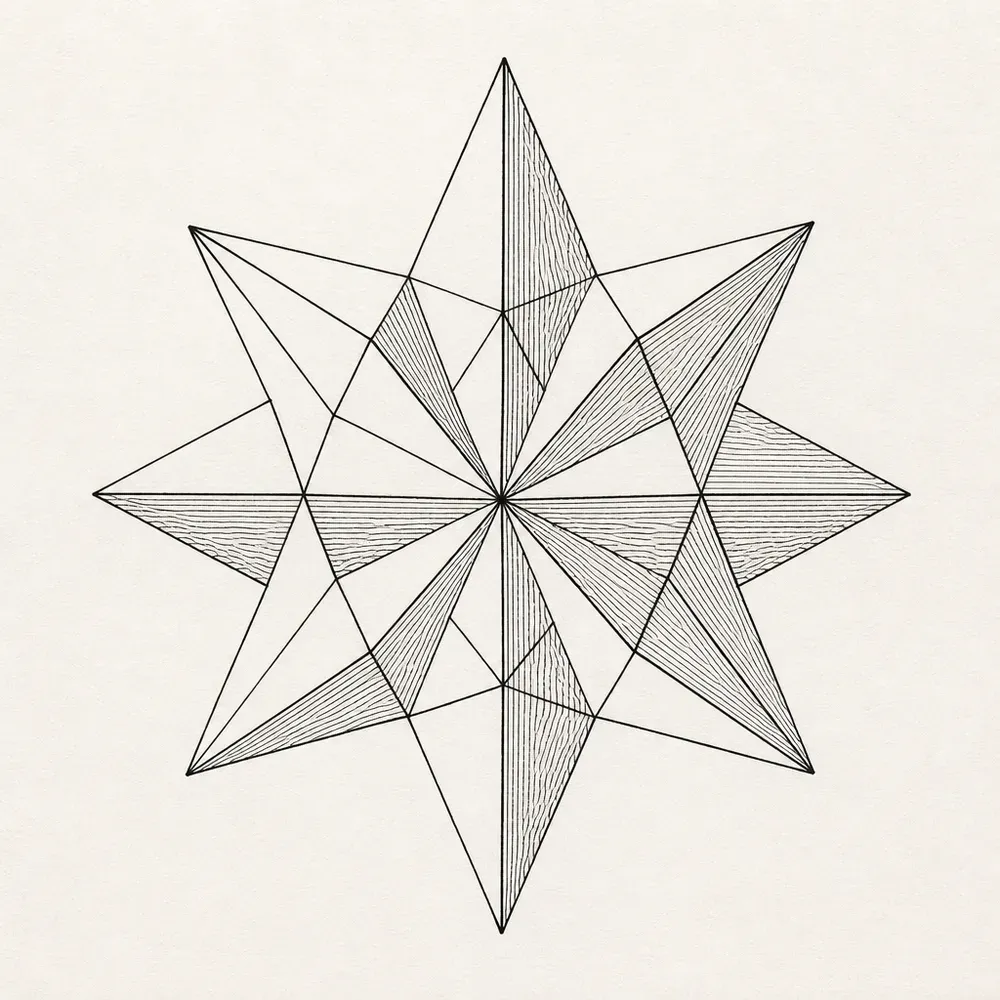 An eight-pointed star made of overlapping triangles drawn in straight lines, half of each facet filled with fine parallel hatching.