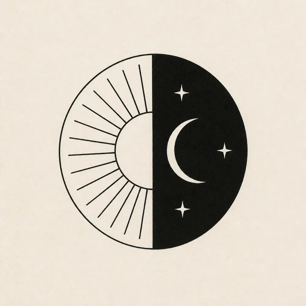 A circle split down the middle, a half sun with straight rays on the open side and a crescent moon with three small stars on the solid black side.