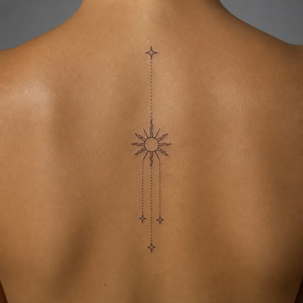 A small sun with a dotted line to a star above and three dotted strands with stars below, tattooed down the spine on olive skin, seen from behind.