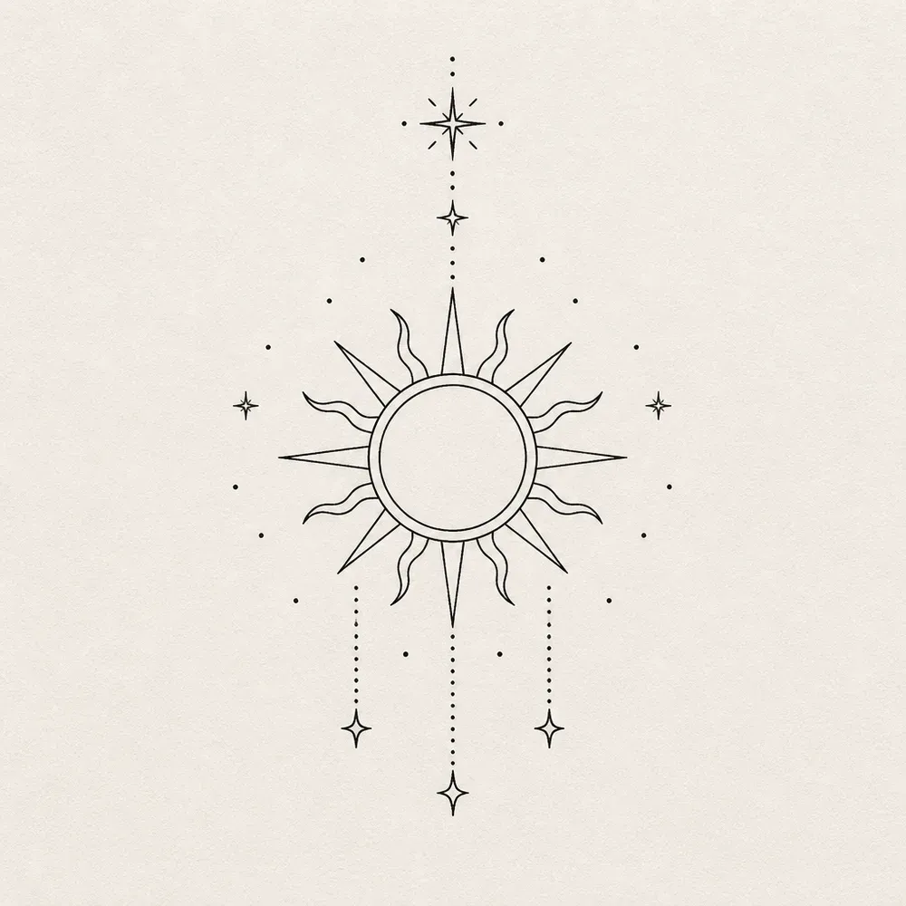 A small outlined sun with alternating straight and wavy rays, a dotted line up to a star and three dotted strands below ending in stars.