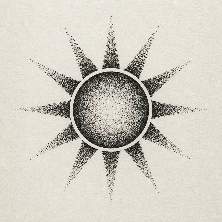 A stippled sun disc ringed by a thin pale band, with long pointed rays shaded in dense dots that fade toward their tips.
