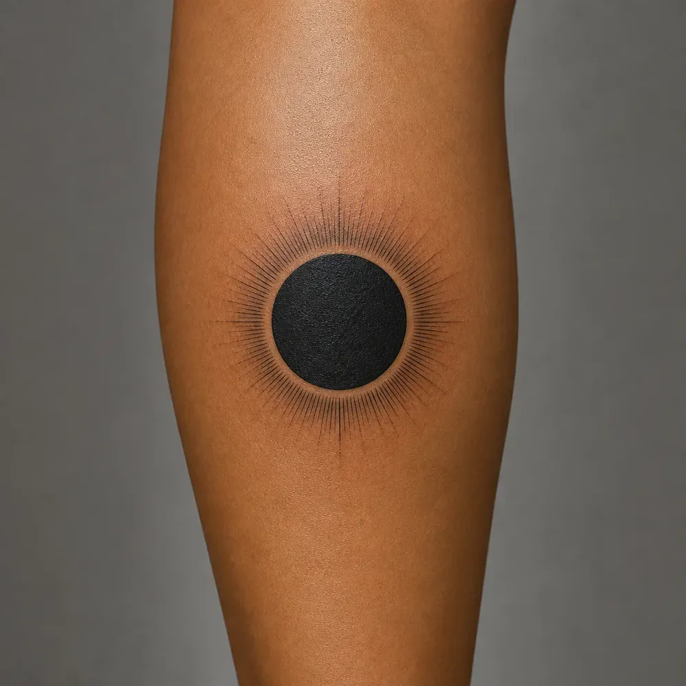 A solid black eclipse disc with a pale ring and a halo of fine hairline rays tattooed on the back of the calf, on medium brown skin.