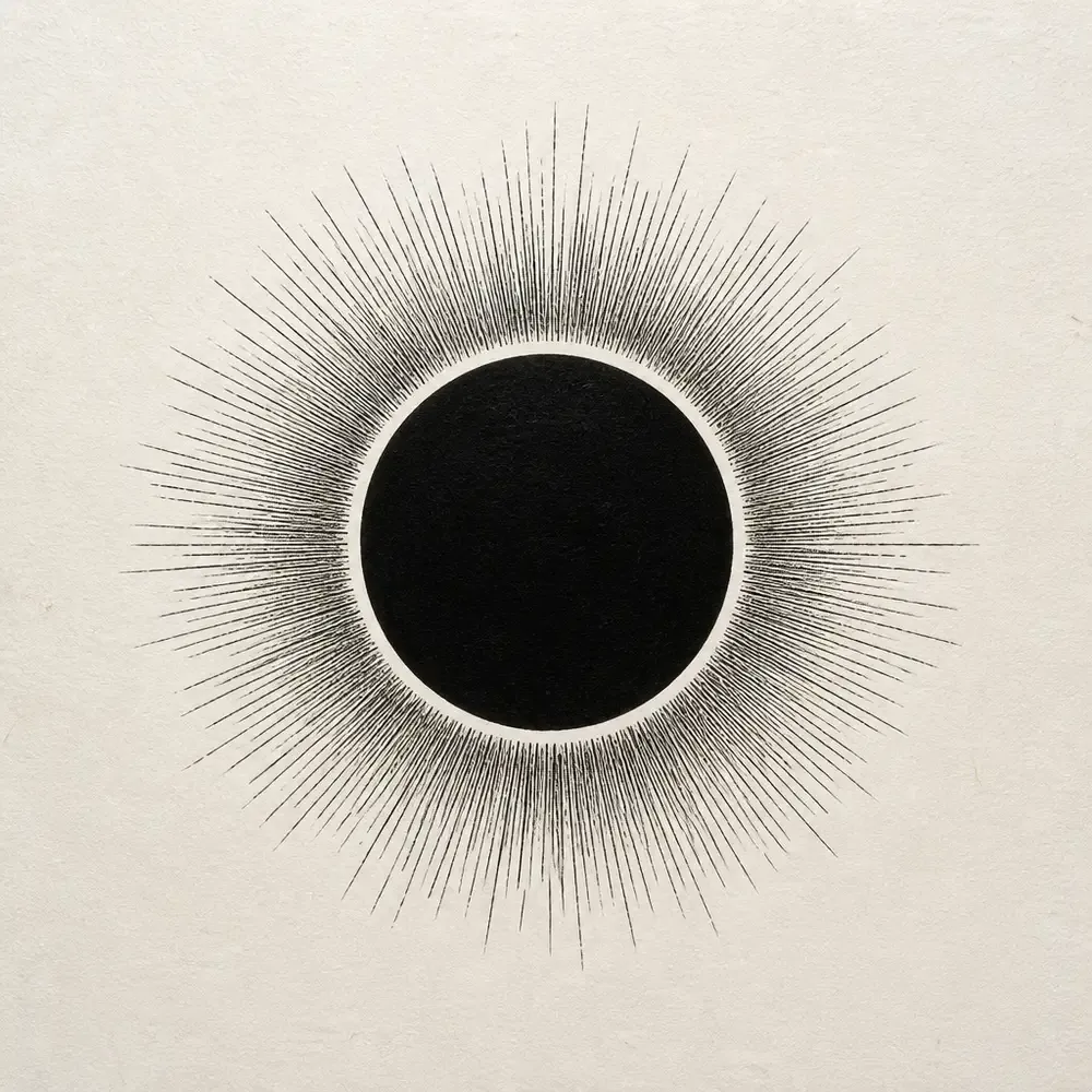 A solid black disc inside a thin pale ring, surrounded by a dense halo of very fine hairline rays radiating out in every direction.
