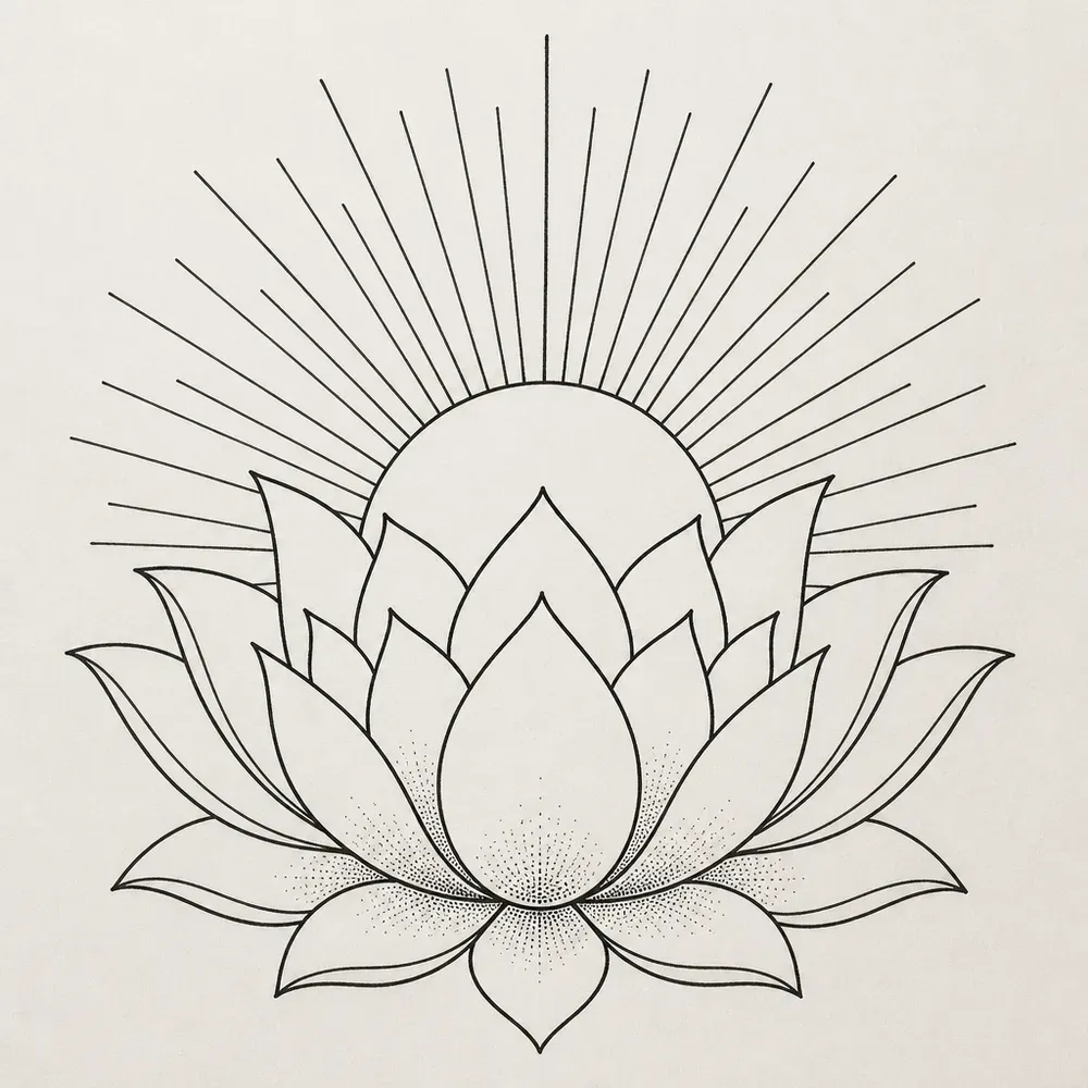 A half sun with long straight rays fanning upward behind an open lotus of layered pointed petals, fine stipple at the base of the petals.