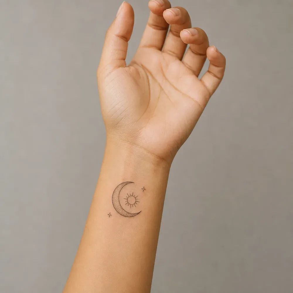 A tiny stippled crescent moon cradling a small sun with two stars, tattooed on the inner wrist below an open hand, on light tan skin.
