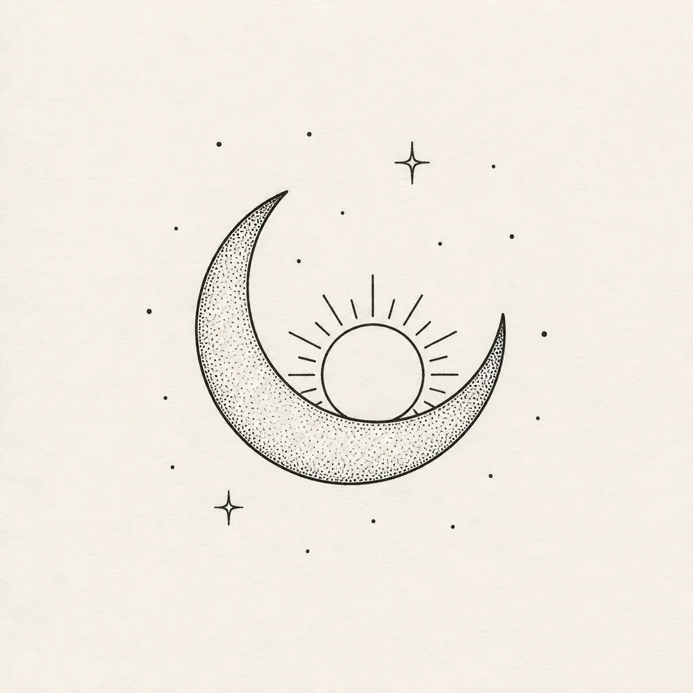 A stippled crescent moon cradling a small outlined sun with short straight rays, two four-point stars and scattered dots around it.