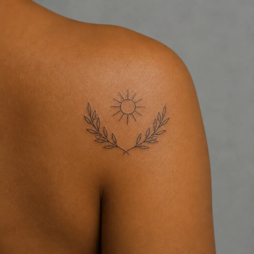 A small fine-line sun above two curving olive branches tattooed on the back of the shoulder, on warm brown skin seen from behind.