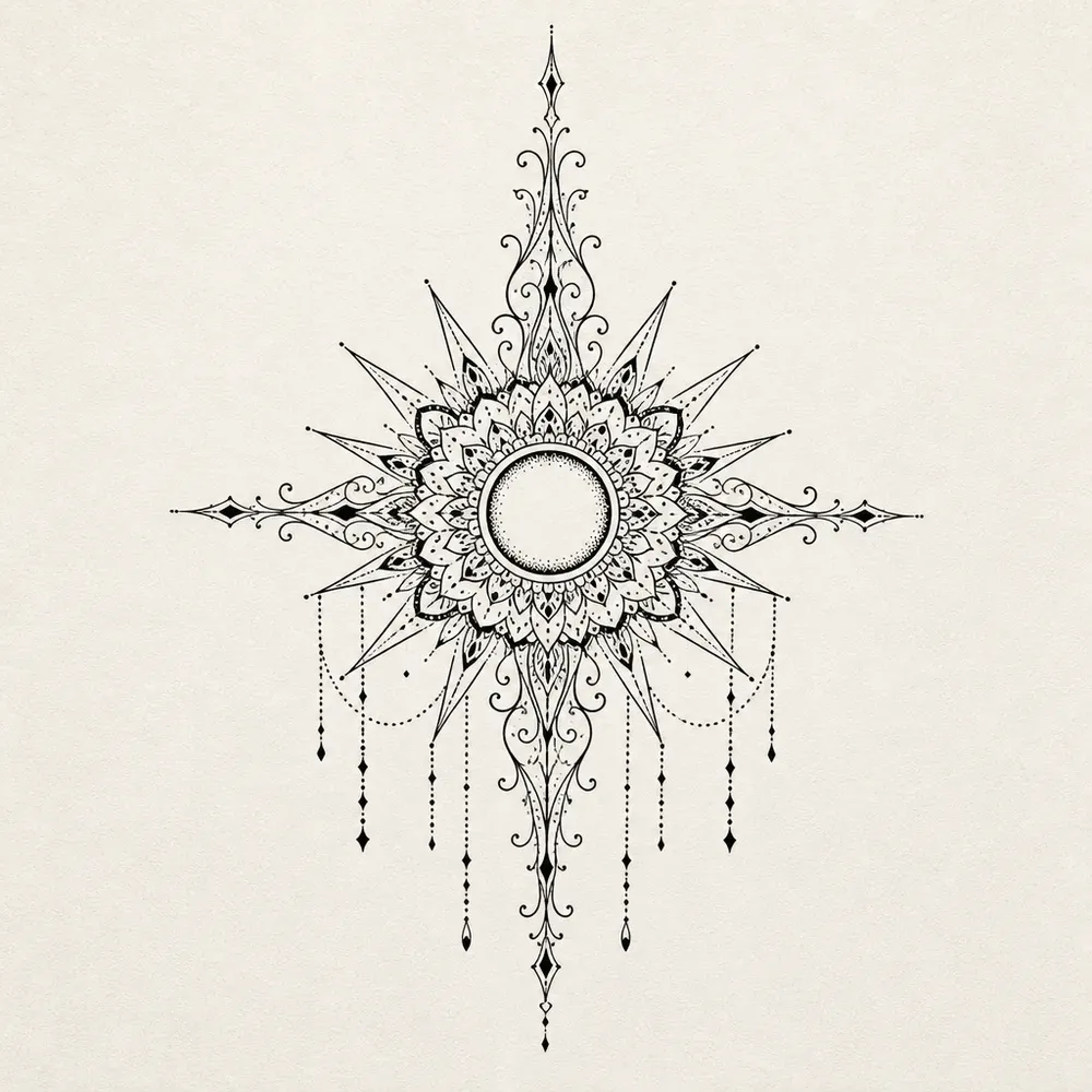 A mandala-like sun with a stippled centre, layered lace petals and long pointed ornamental rays, beaded chains and drops hanging below it.