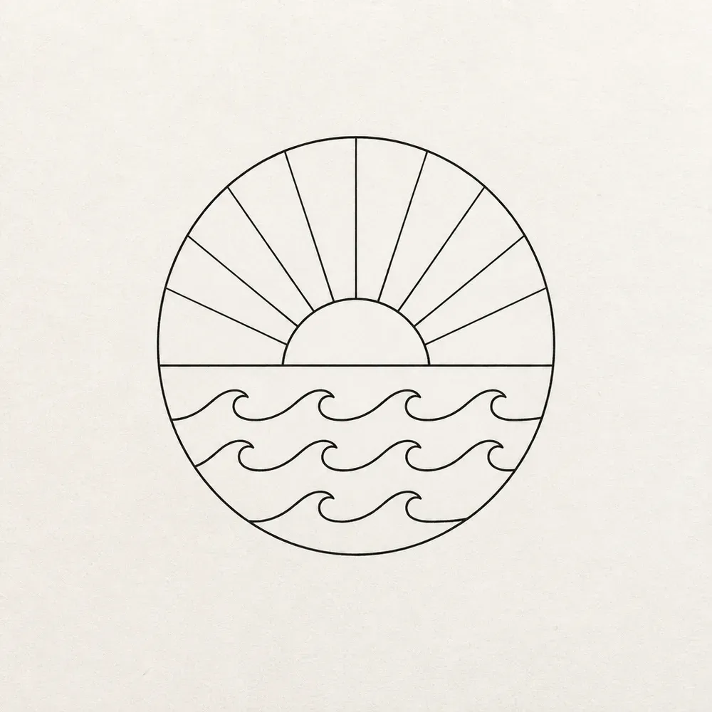 A circle holding a half sun on the horizon with straight rays fanning to the rim and rows of small curling waves filling the lower half.