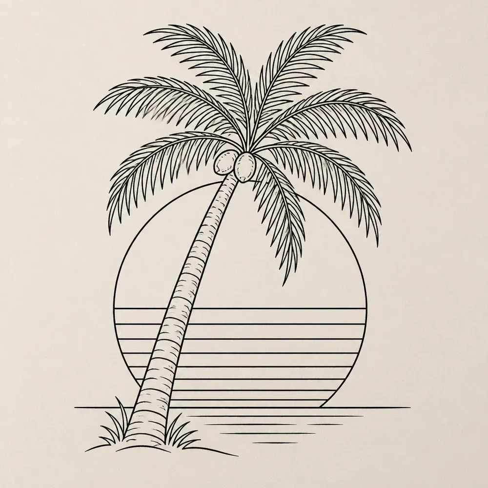 A leaning coconut palm with two coconuts in front of a large sun striped with horizontal lines in its lower half, a horizon and grass tufts below.