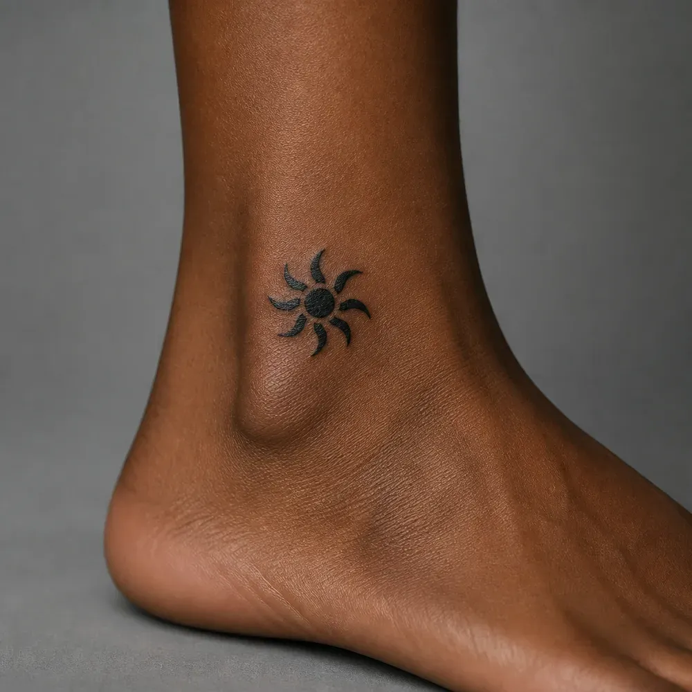 A small solid black pinwheel sun with curved blade rays tattooed just above the outer ankle bone, on deep brown skin.