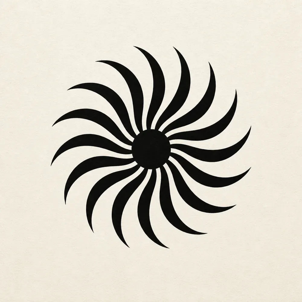 A solid black centre dot with curved black blade-shaped rays swirling around it like a pinwheel, all in solid fill.