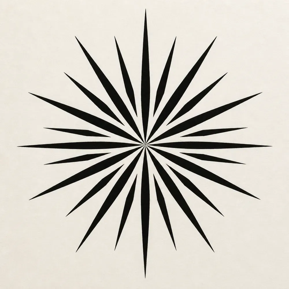 A starburst of solid black tapered spikes radiating from a single centre point, long spikes alternating with shorter ones.