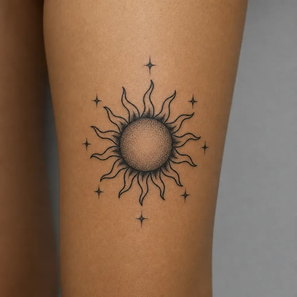 A stippled sun with bold wavy flame rays shaded black at the base and small stars around it, tattooed on the thigh of light tan skin.