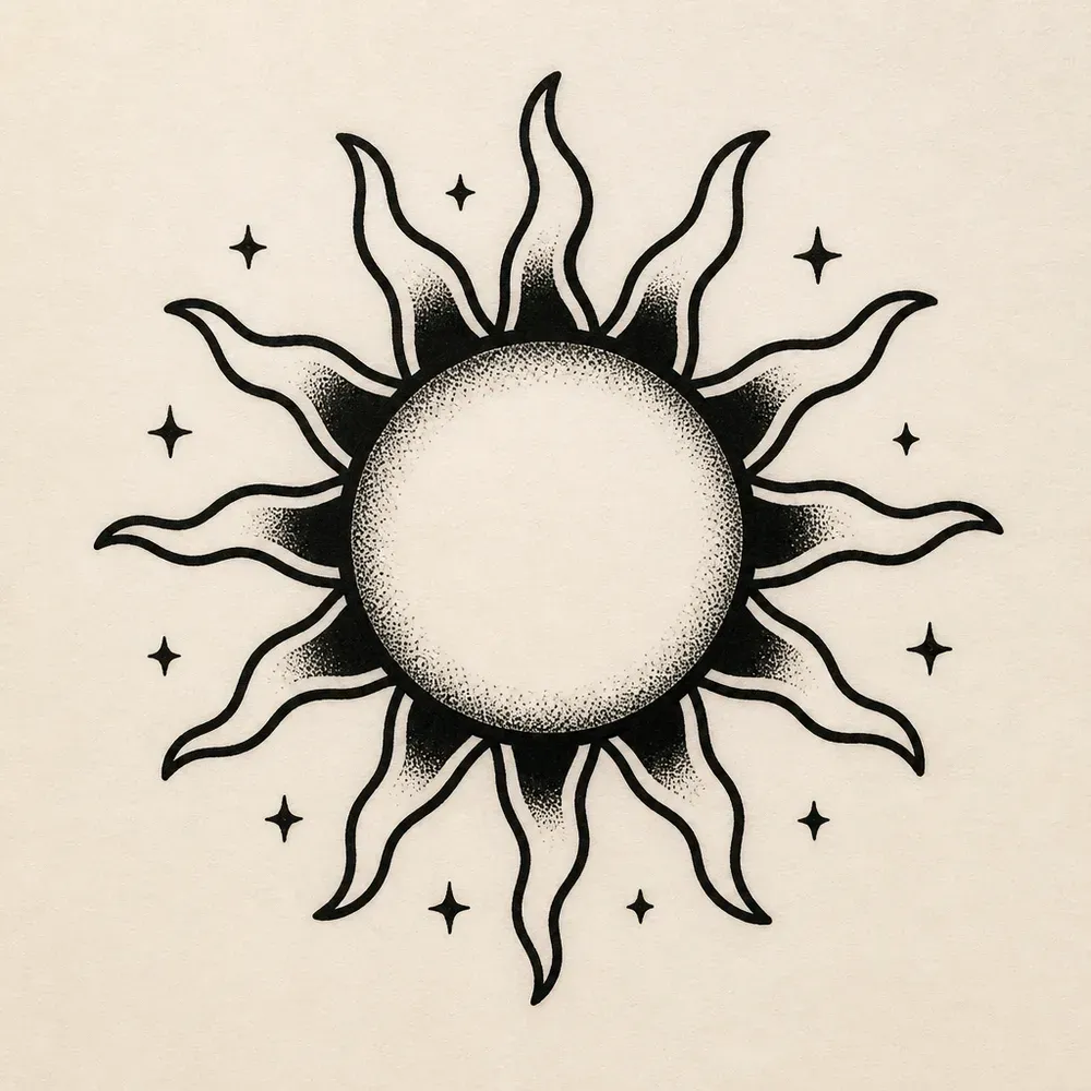 A stippled sun disc with bold wavy flame-shaped rays, solid black shading at the base of each ray and small four-point stars around it.