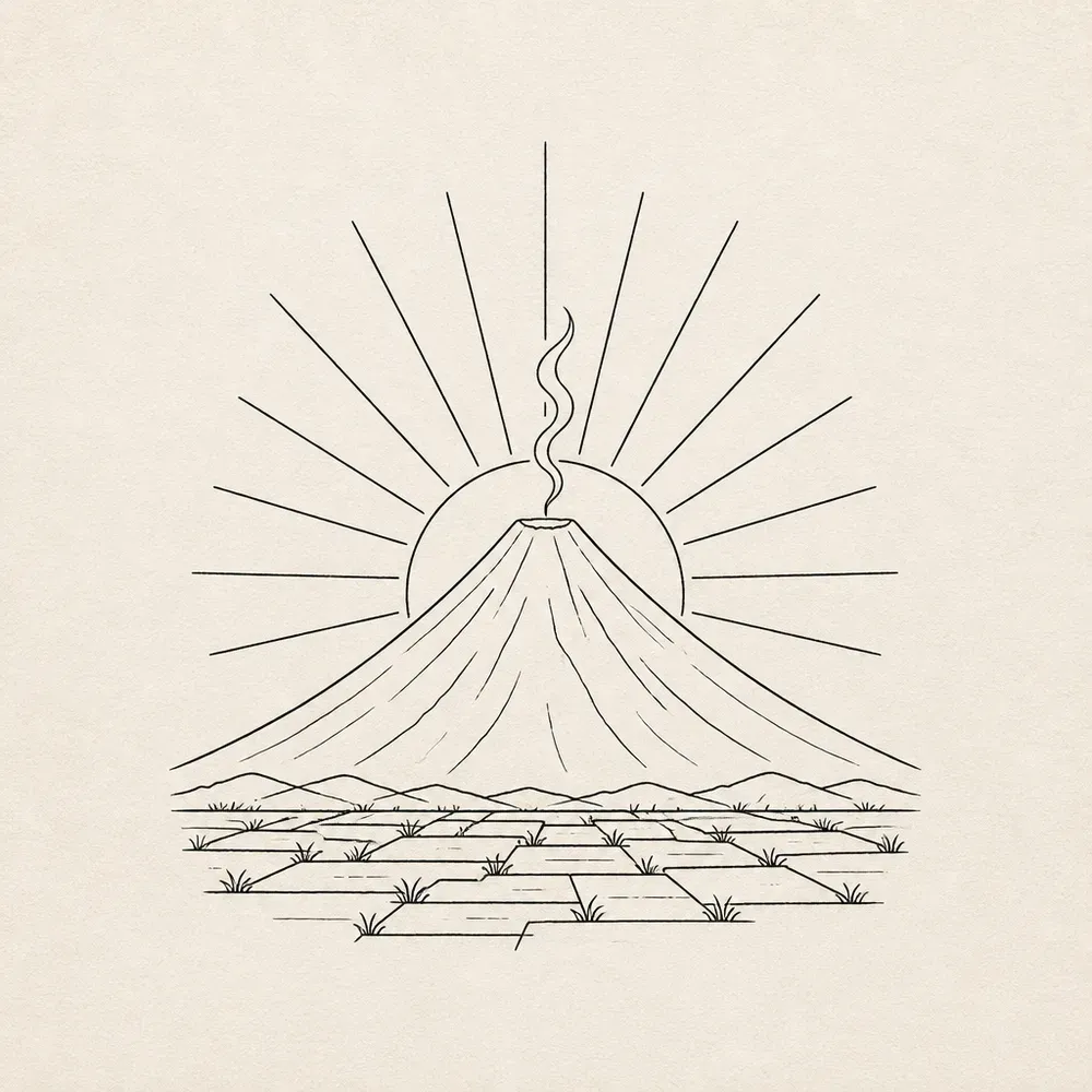 A cone volcano with a thin curl of smoke rising in front of a sun with long straight rays, a cracked plain stretching across the foreground.