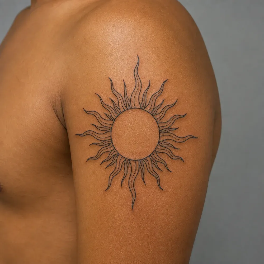 An outlined sun with many thin wavy rays tattooed on the outer upper arm near the shoulder, on warm brown skin.