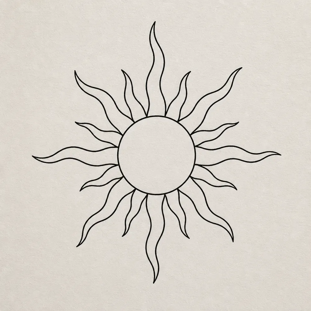 An outlined round sun surrounded by many thin wavy rays of uneven length, drawn in fine black outline with no shading.