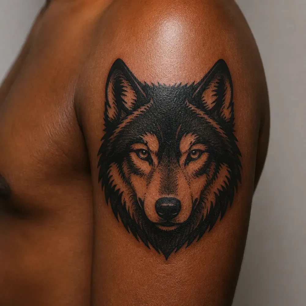 A bold blackwork wolf head seen from the front, tattooed on the outer upper arm and shoulder of deep brown skin.