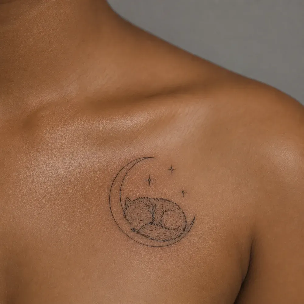 A fine-line wolf asleep in a crescent moon with three small stars, tattooed just below the collarbone on warm brown skin.