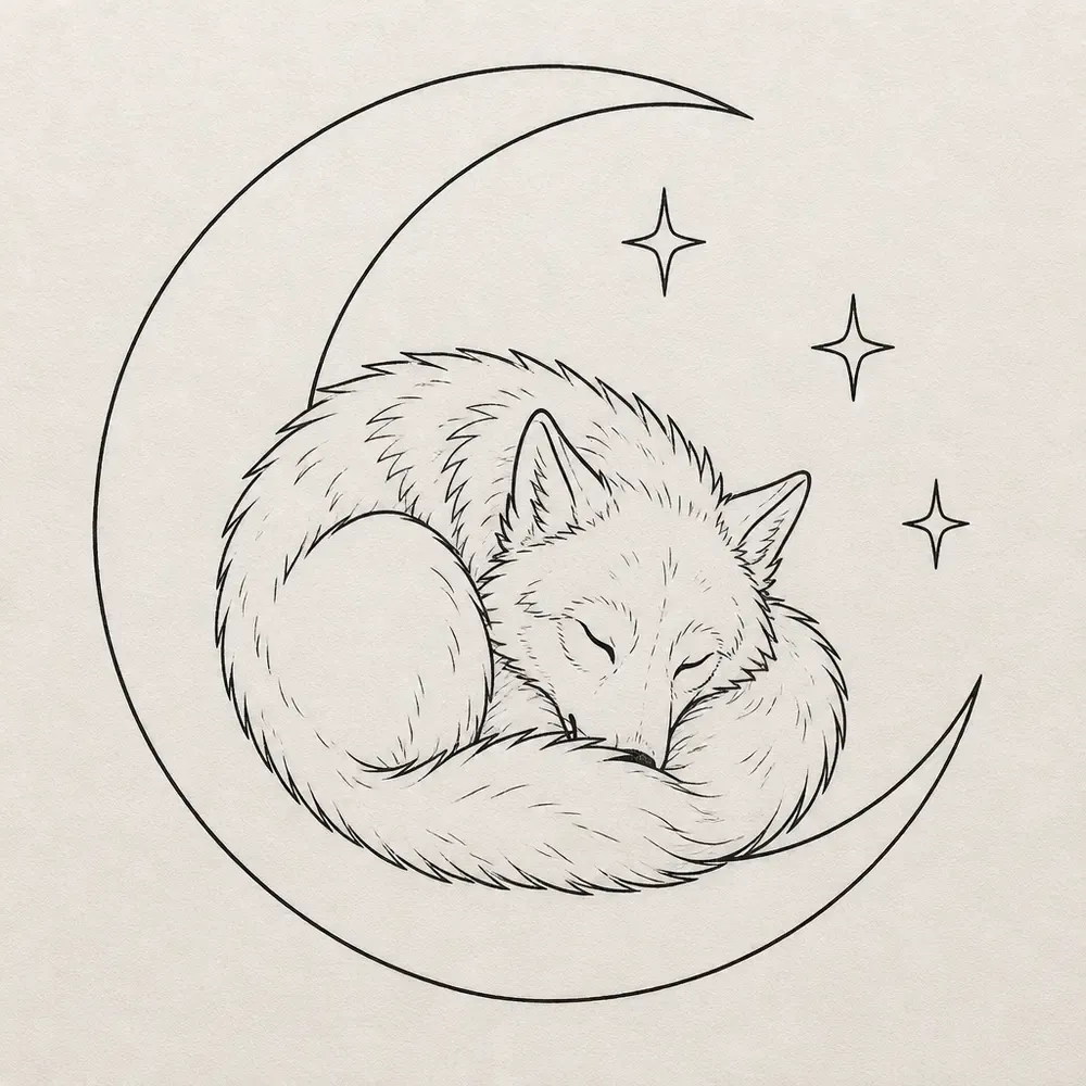 A wolf curled up asleep with its tail around it inside a thin crescent moon, three four-pointed stars beside it, in fine black line.