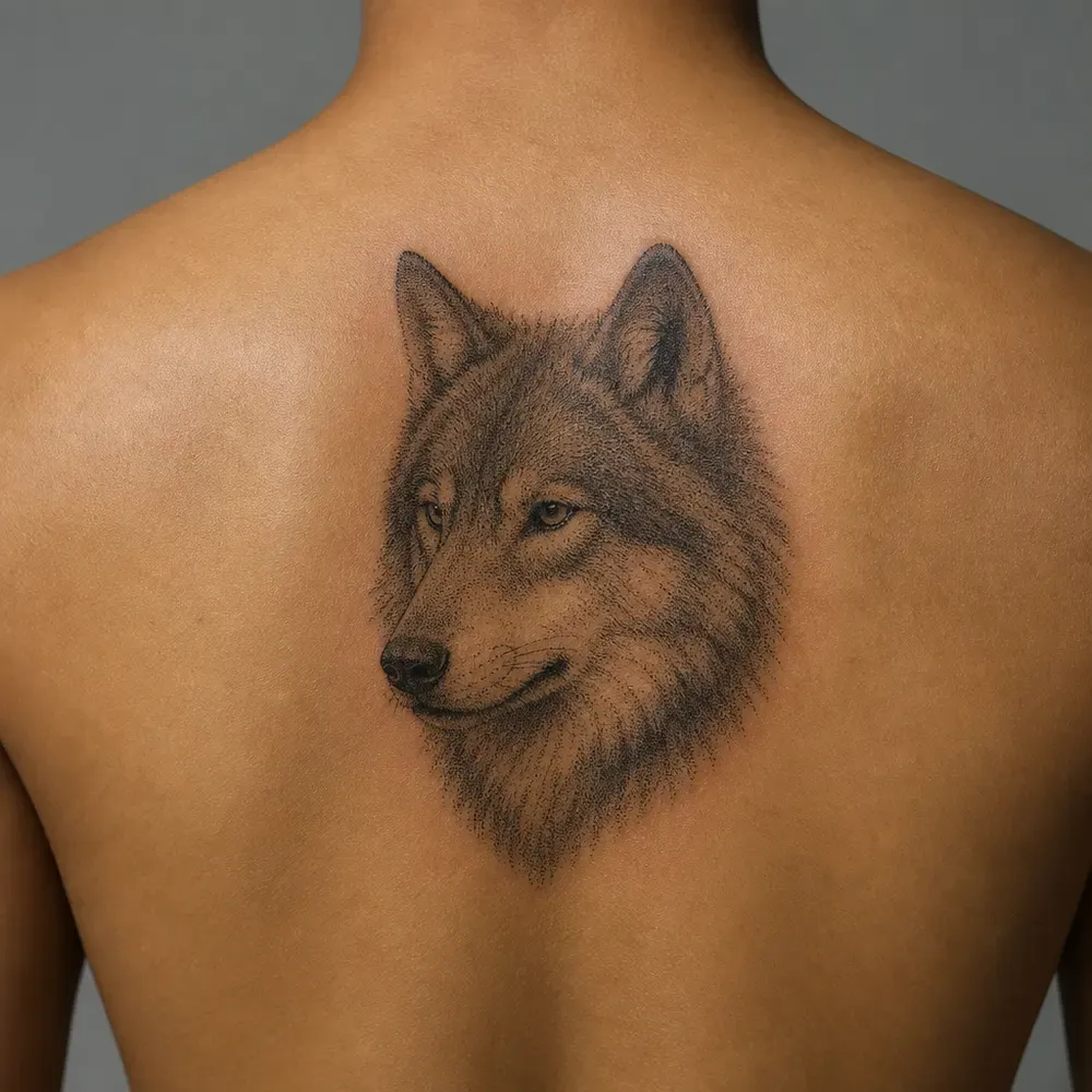 A stippled wolf head in three-quarter view tattooed between the shoulder blades, seen from behind on medium tan skin.
