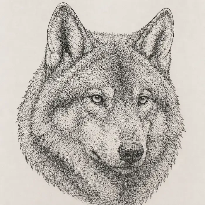 A wolf head seen almost from the front, shaded entirely in fine black stippled dots, with pale eyes and thick ruff fur.