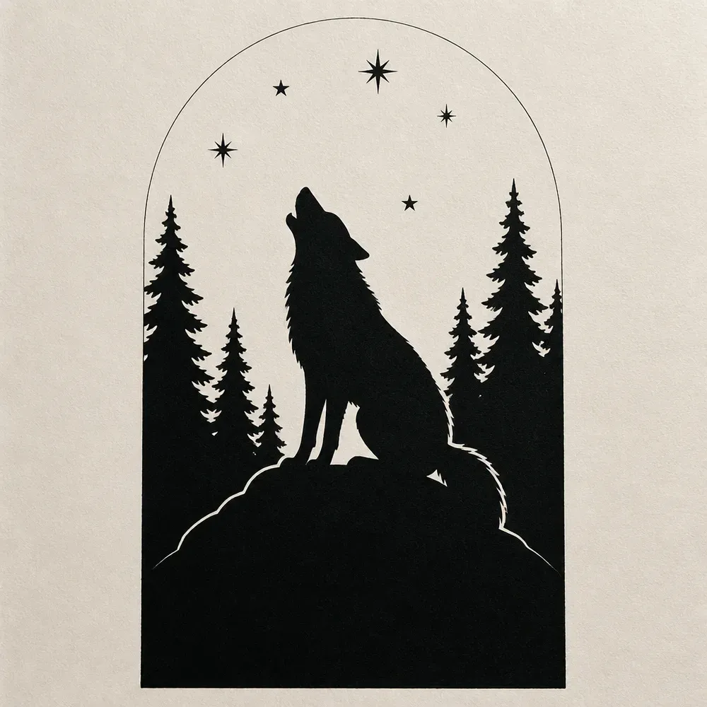 A solid black wolf silhouette howling on a hill among black pine trees, set in a tall arch with five small stars in the bare sky.