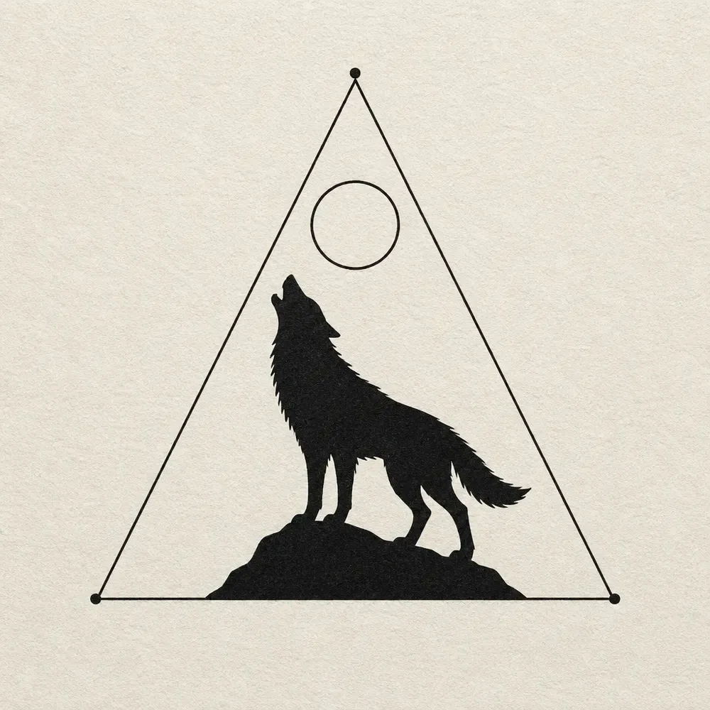 A black silhouette of a wolf howling on a rock inside a single fine-line triangle with dotted corners, a thin circle moon above.