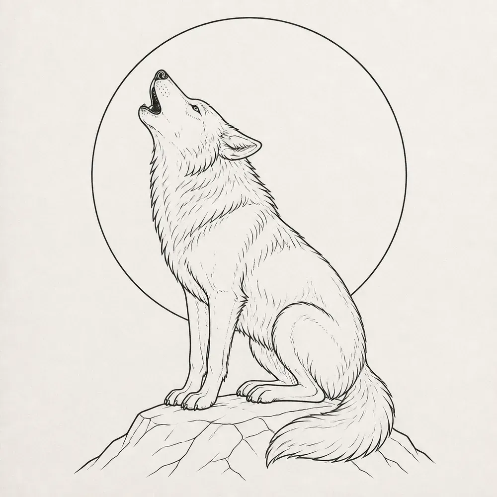 A wolf sitting on a rock with its head raised, howling, in fine black outline against a large plain circle moon.