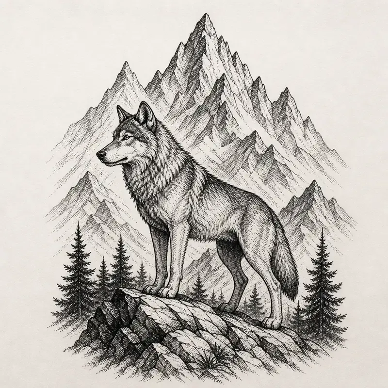 A wolf standing on a rocky outcrop in side view, jagged peaks behind and pine trees either side, shaded in black hatching and stipple.