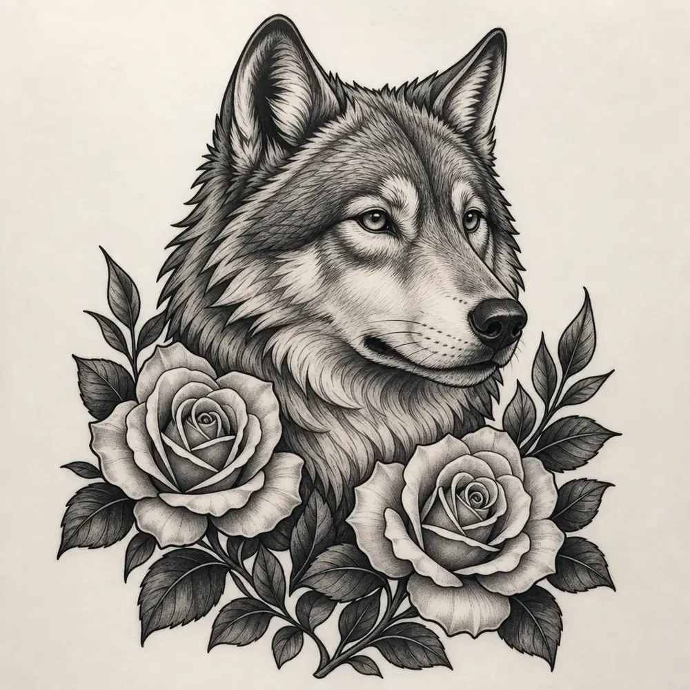 A wolf head in three-quarter view with two large roses and dark leaves at its neck, in bold black and grey neo-traditional shading.