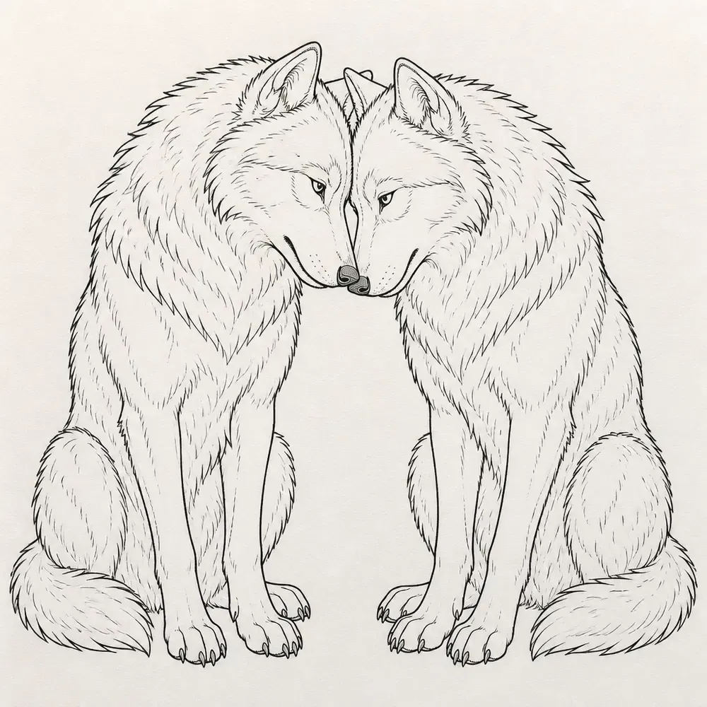 Two wolves sitting side by side with their heads bowed together and noses touching, in fine black outline with light fur strokes.