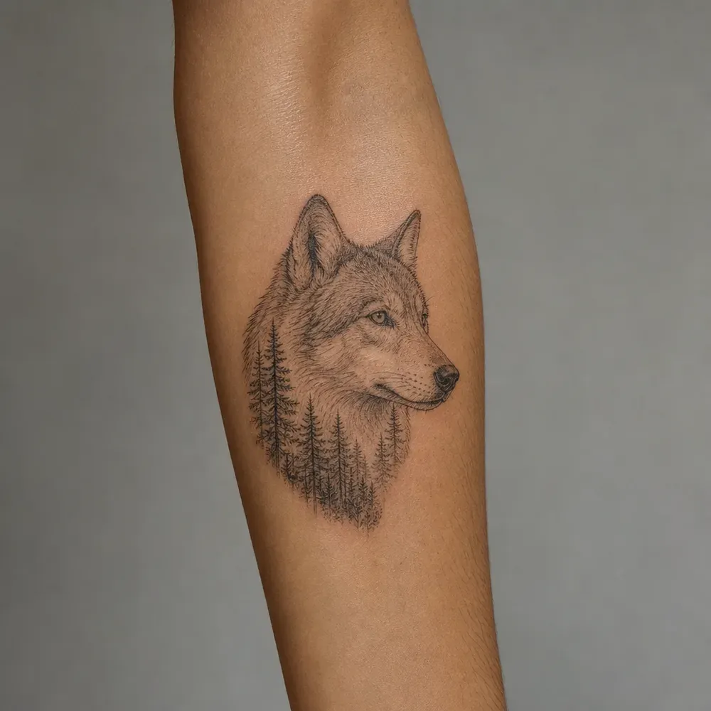 A fine-line wolf head in profile with pine trees in its lower half, tattooed on the inner forearm of medium tan skin.