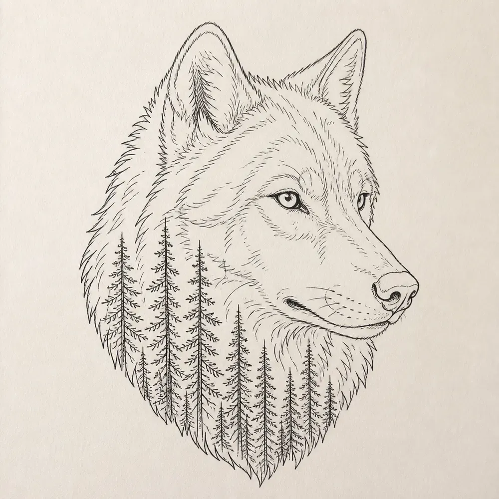 A wolf head in three-quarter profile drawn in fine black line, with tall thin pine trees filling the lower left of the head.
