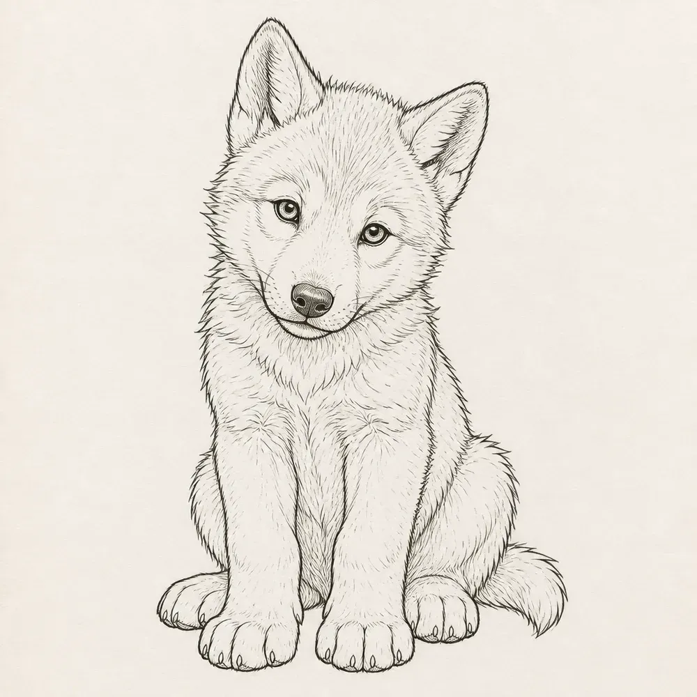 A fluffy wolf pup sitting and facing forward with its head slightly tilted and big front paws, in fine black outline.